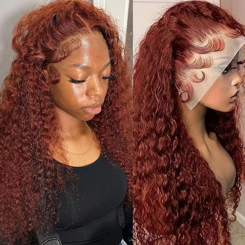 Parrucca riccia da donna con capelli umani frontali 13x4 o 13x6 HD, colore castano rosato, onda profonda, 30-40 pollici, densità 200%, pre-strappata