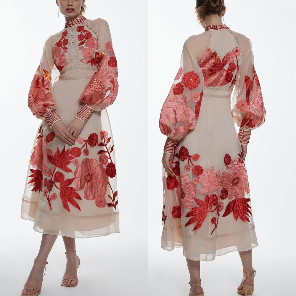 CustomizedJiayigong  Prom  Exquisite High Collar A-line Flowers Button Organza Bespoke Occasion Dresses