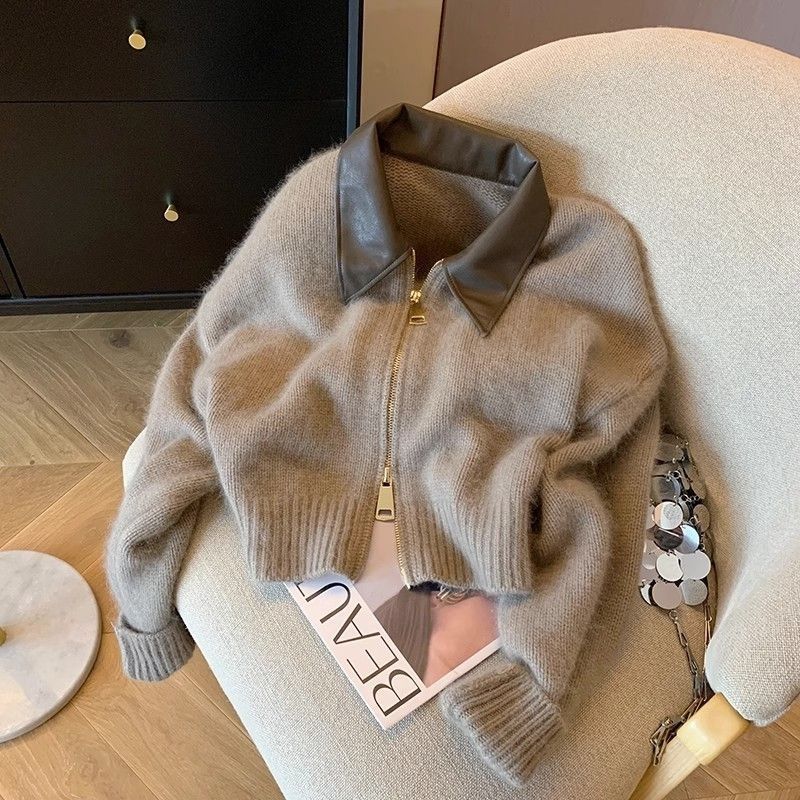 Patchwork Zipper Cropped Chic Cardigan Women Thick Autumn Knitted Sweater Bomber Jacket Vintage 2000s Short Fitted Knitwear Coat