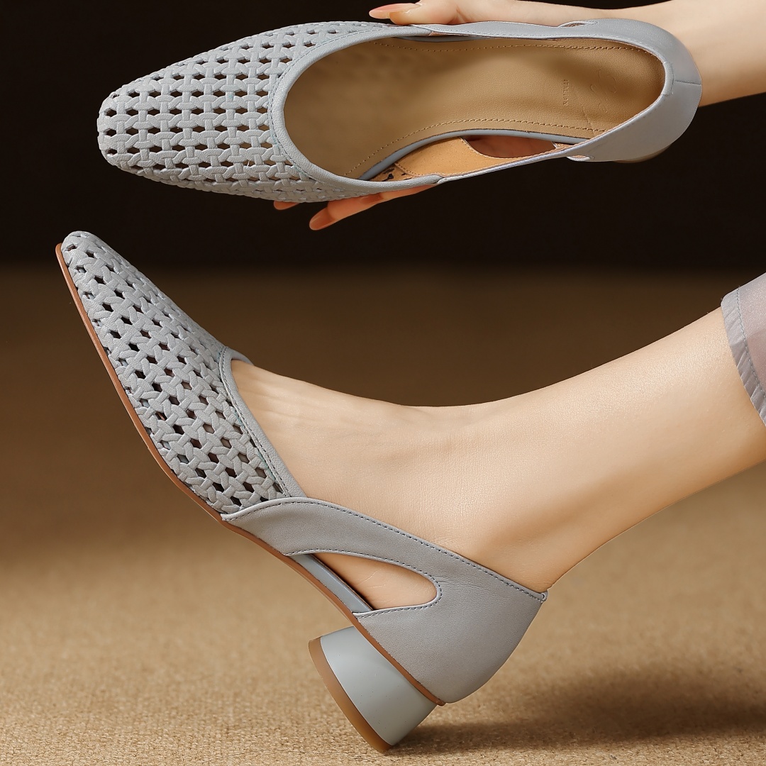 Escarpins d'été respirants en peau de mouton ajouré pour femmes, chaussures à talons bas de 3cm d'épaisseur, élégantes pour dames, chaussures habillées minces quotidiennes, sandales