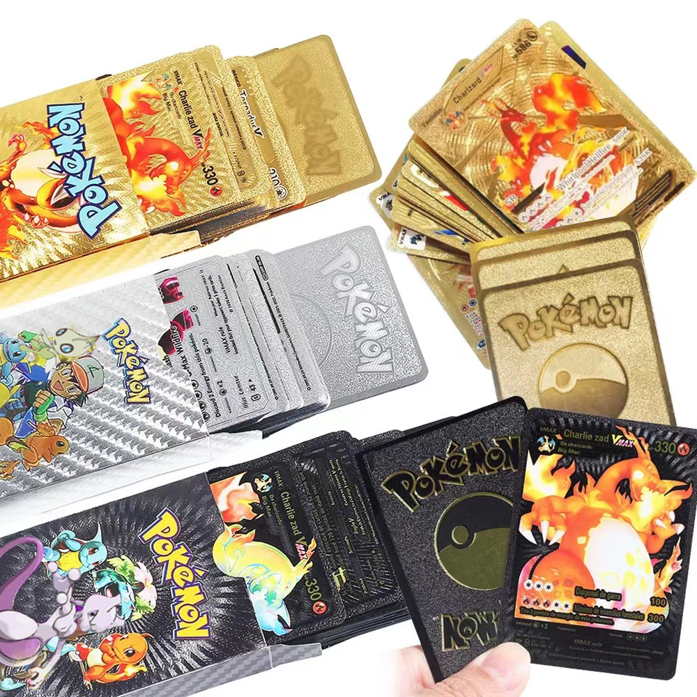 Pokemon-Karten, Pikachu-Figur, Spanisch, Französisch, Englisch, Deutsch, VMAX, GX, Vstar, Energiekarte, Kinderspiel-Kollektion, Gold, Silber, schwarze Karte