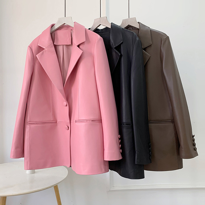 Julypalette, chaqueta de cuero auténtico para mujer, abrigos, solapa nueva, cuello, botón, chaquetas elegantes de piel de oveja auténtica para oficina para mujer 2024