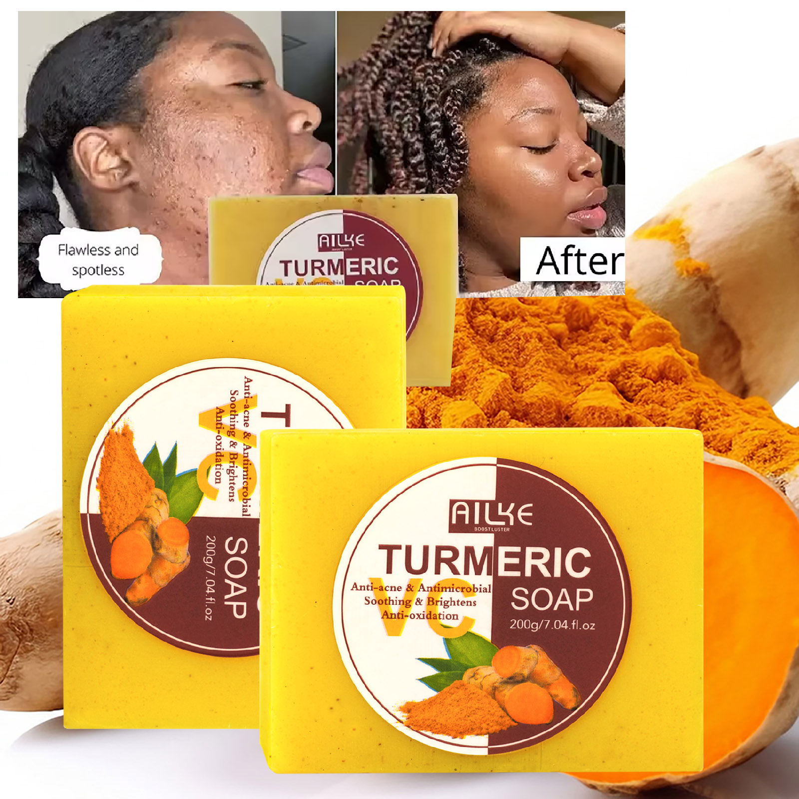 AILKE Natuurlijke Kurkuma Zeep, Verheldert, Verwijdert Donkere Vlekken, Acne, Pukkels, Reinigend, Exfolieert, Onregelmatige Huidtint, 200g