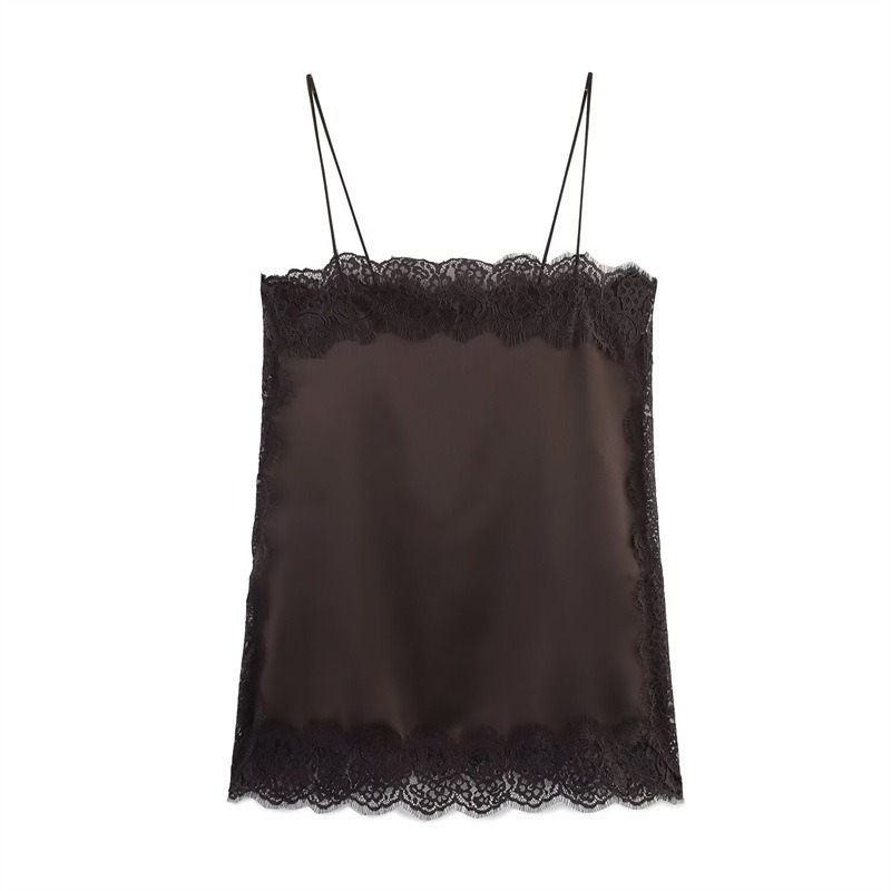 Canotta da donna nuova moda estiva elegante canotta in raso con finiture in pizzo camicetta da donna sexy con cinturino per spaghetti abbigliamento Y2k