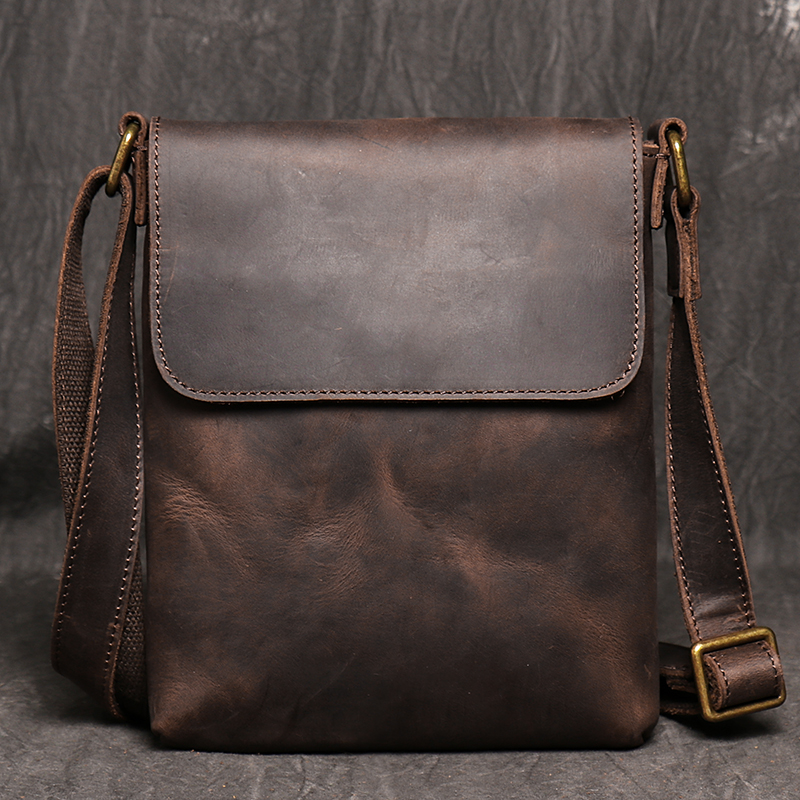 Vintage echt leer donkere crossbody tas telefoon tas mode sling bag HEREN koeienhuid schoudertas 7,9-inch iPad tas