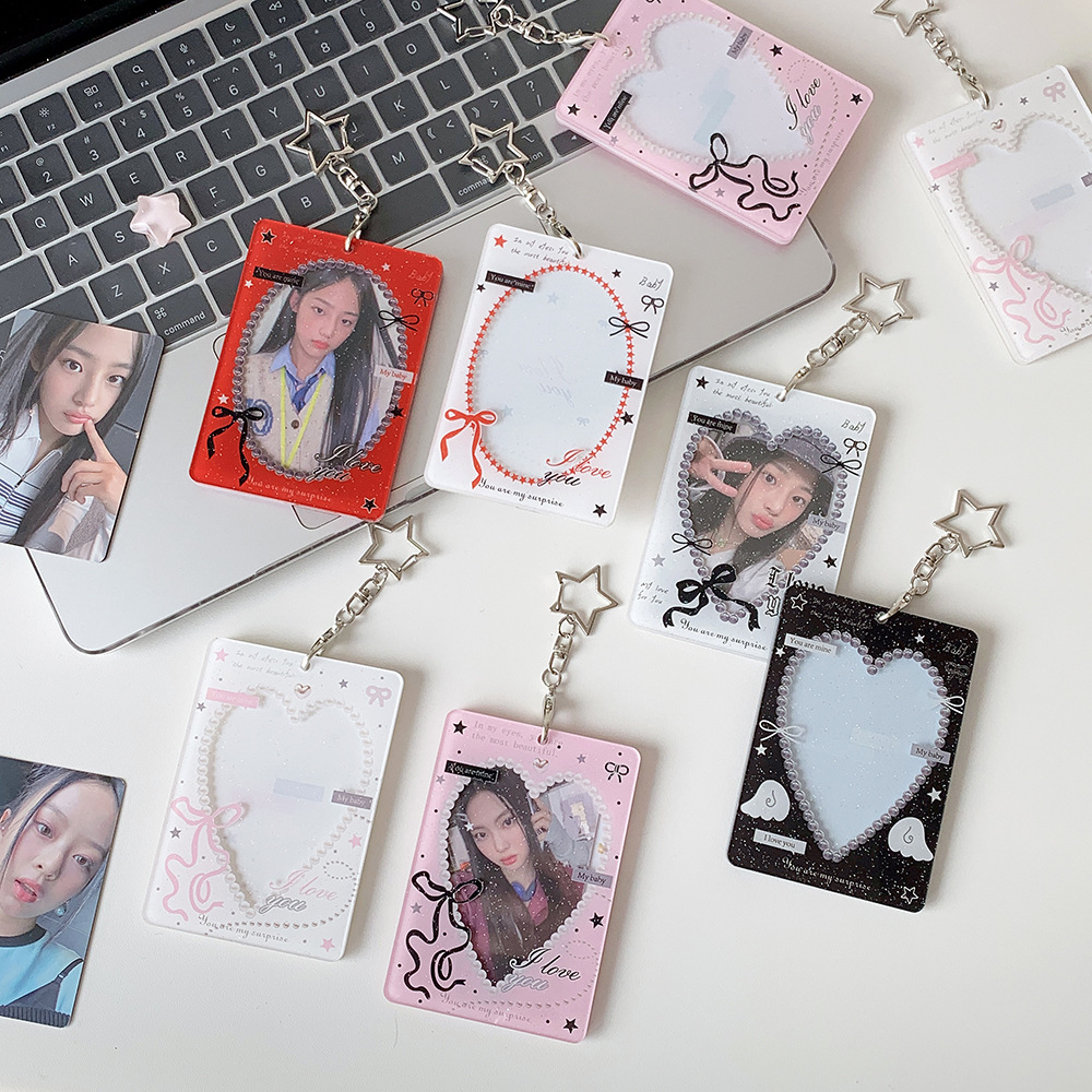 INS Korean Fashion Heart Hollow 3in Card Holder Cute Girls Idol Photo Storage Card Bag Decoration Student Pendant Keychain Gifts