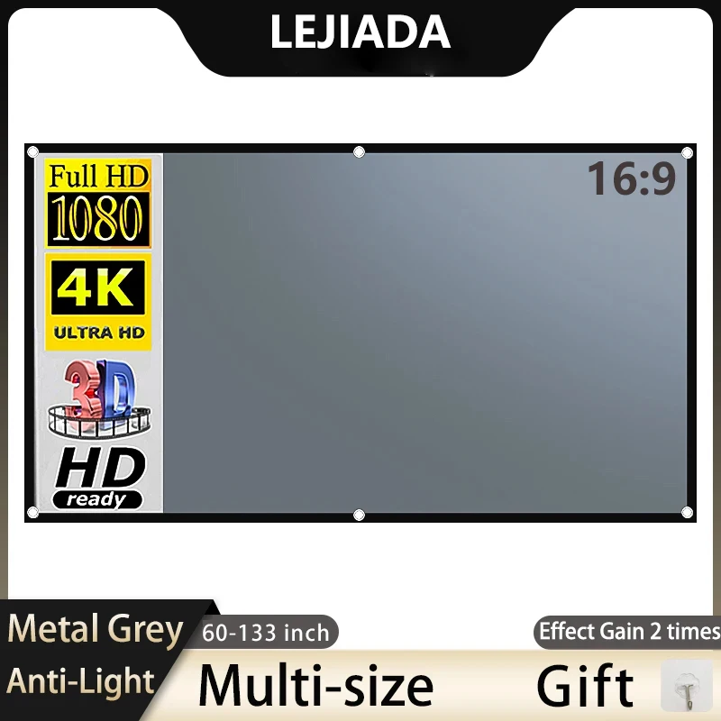 LEJIADA 프로젝터 스크린 60-133 인치 금속 회색 안티 라이트 16:9 구멍이있는 휴대용 검정색 테두리 홈 야외 프로젝션 스크린