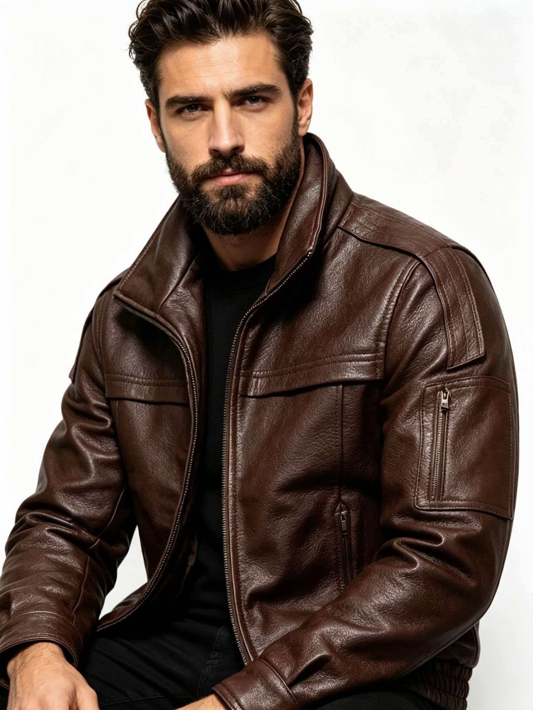 Giacca in Pelle Marrone da Uomo, Stile Vintage con Colletto Alto, Design Militare, Cerniera Frontale, Tasca sulla Manica, Orlo a Costine