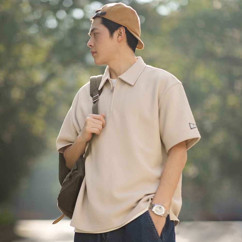 Maden Vintage Wafel Poloshirts Voor Heren Zwaargewicht Half-Zip T T-Shirt Casual Revers Shirt Met Korte Mouwen Zomer Tops S M L Xxxl