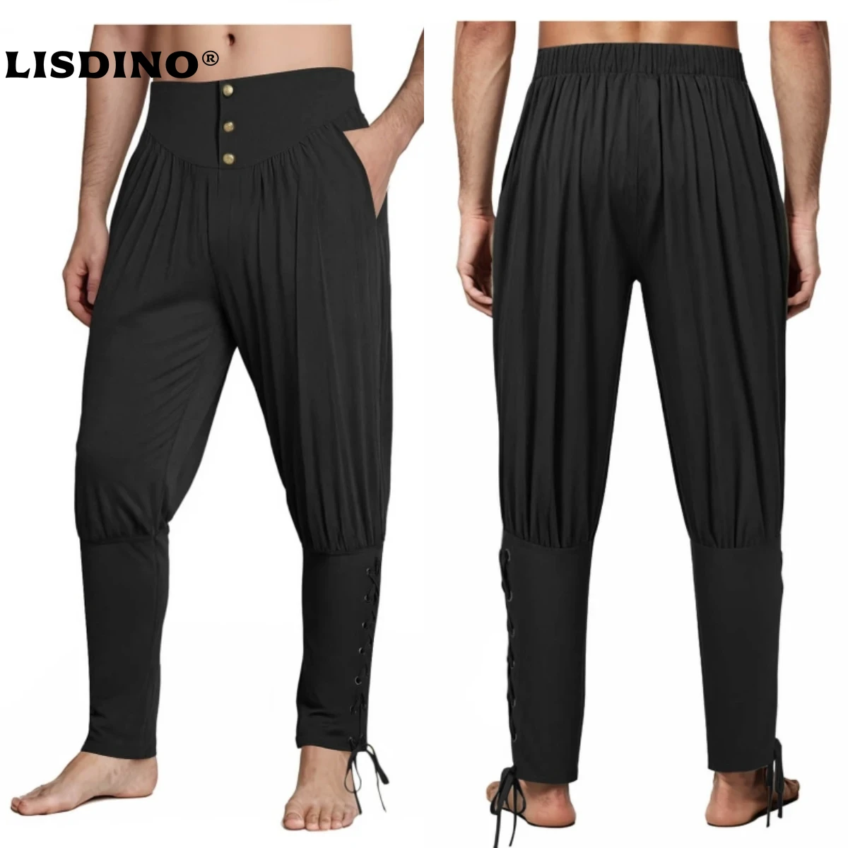 LisdinoMens middeleeuwse enkelbroek Renaissance Viking piraat Lace Up taps toelopende Halloween linnen kostuumbroek
