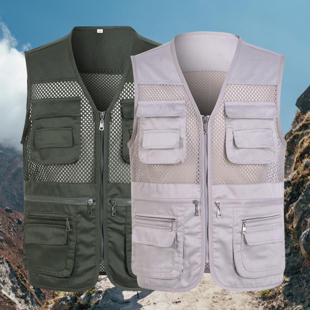 2025 colete de pesca masculino primavera/verão malha cor sólida multi bolso ombro de pesca colete casual solto fio líquido