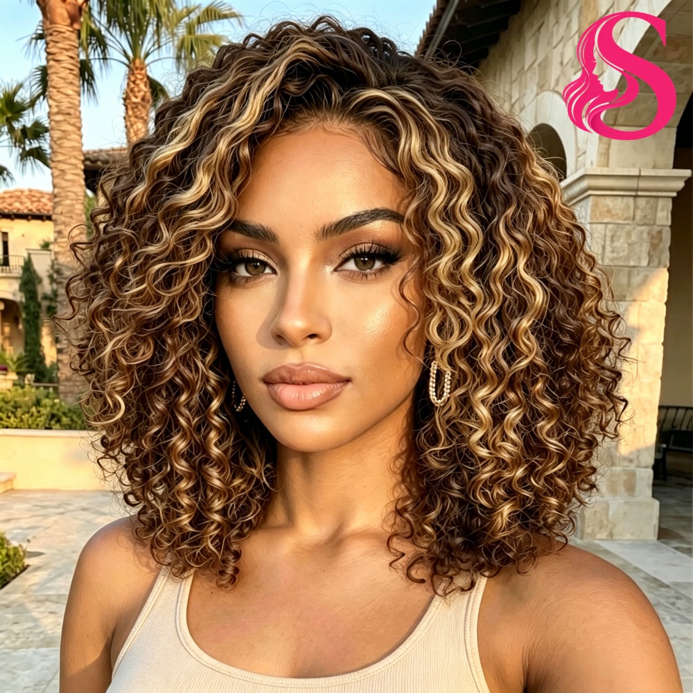 Peruca Bob Humana Smilegirl 250 Densidade 4/27 com Destaques Ombré e Ondas Profundas, Sem Cola, Pronta para Usar, com Frontal de Renda HD 13x4 Pré-Cortada