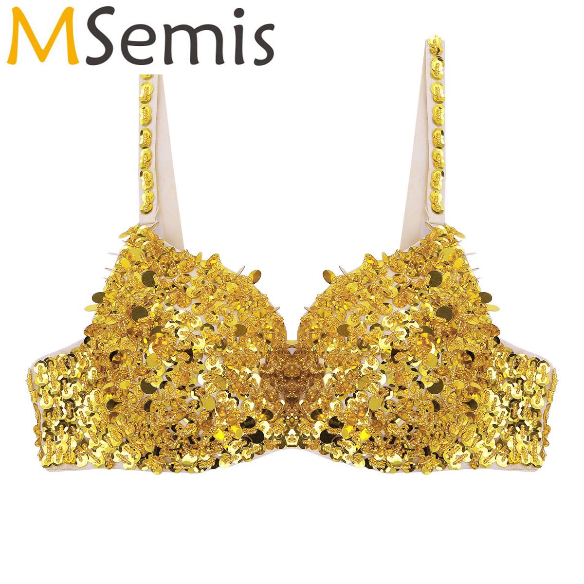 Sutiã feminino para dança do ventre, sutiã acolchoado com lantejoulas brilhantes e miçangas, trajes de performance de dança do ventre, festa rave, roupa de balada