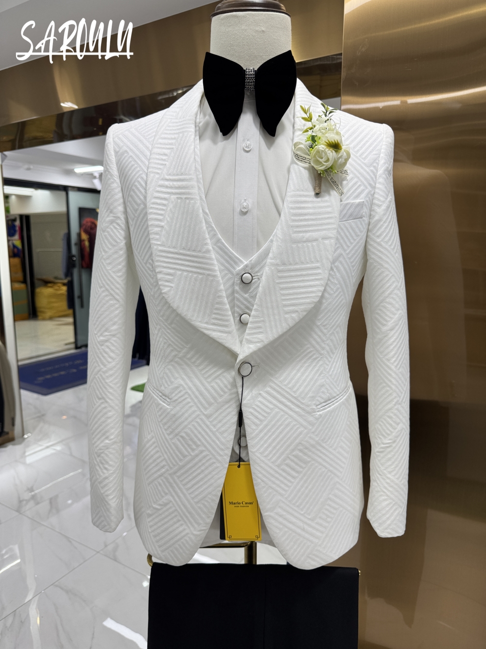 Patterned Elegant White Man Suit Jacket Vest Pants Fashionable 3-pieces Shawl Lapel Groom Wear Modern Glam Tuxedo Chic Set