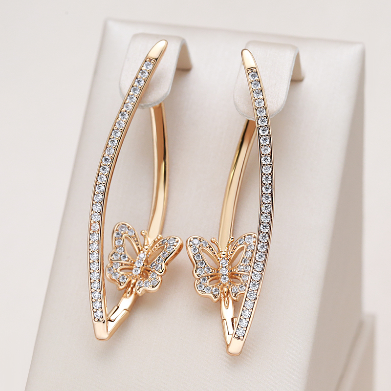 Kinel nueva moda pendientes de mariposa geométricos 2022 Micro incrustaciones de circón Natural 585 pendiente de gota larga de oro rosa joyería Vintage