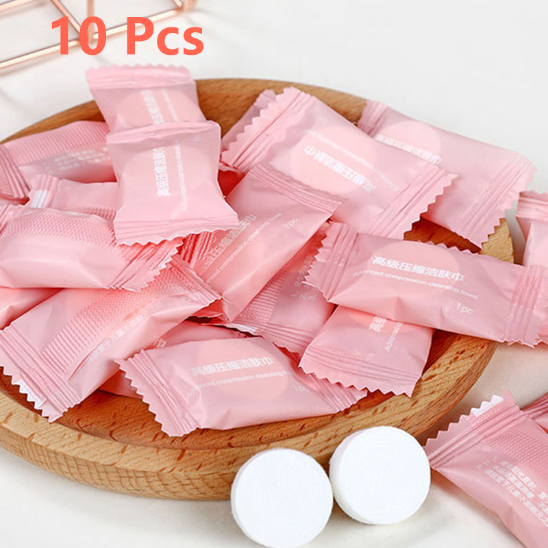 Toalla de viaje desechable portátil, tela no tejida, paño húmedo con agua, para exteriores, limpieza facial comprimida, mini toalla húmeda, 10 piezas