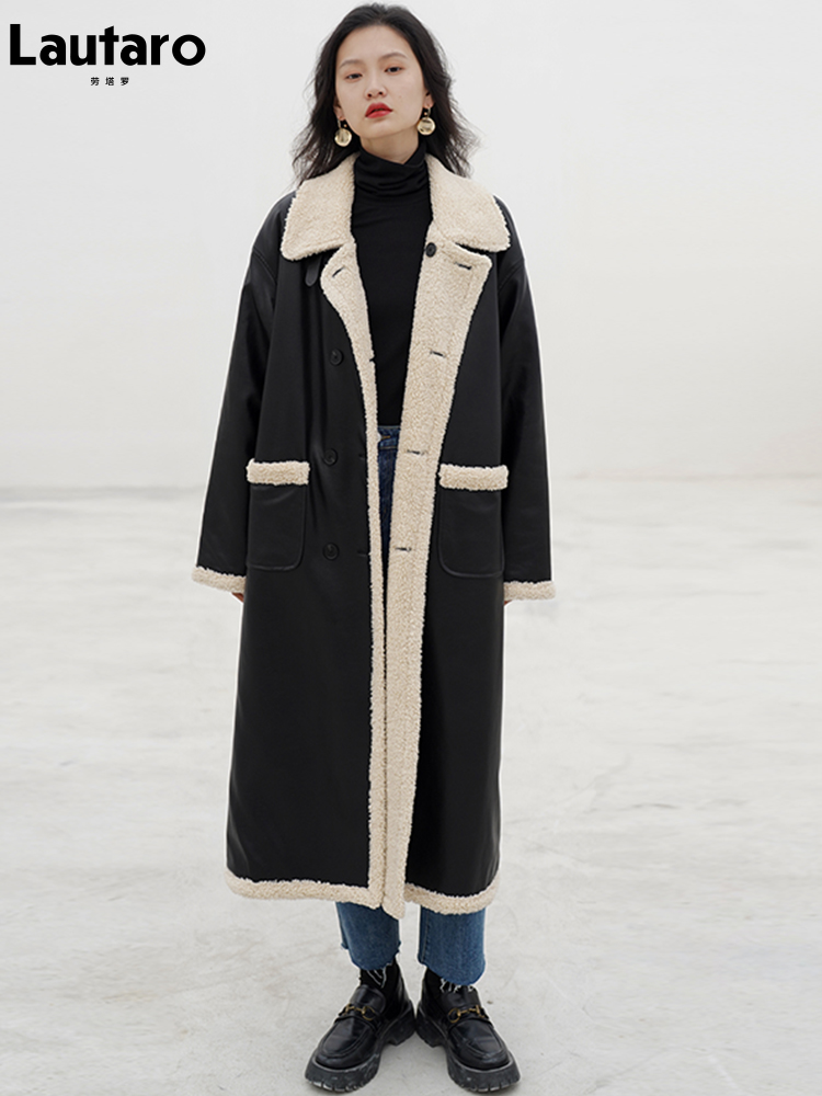 Lautaro Winter lange warme dicke reversible Faux Schaffell Mantel Frauen Taschen Zweireiher Luxus Designer europäische Mode