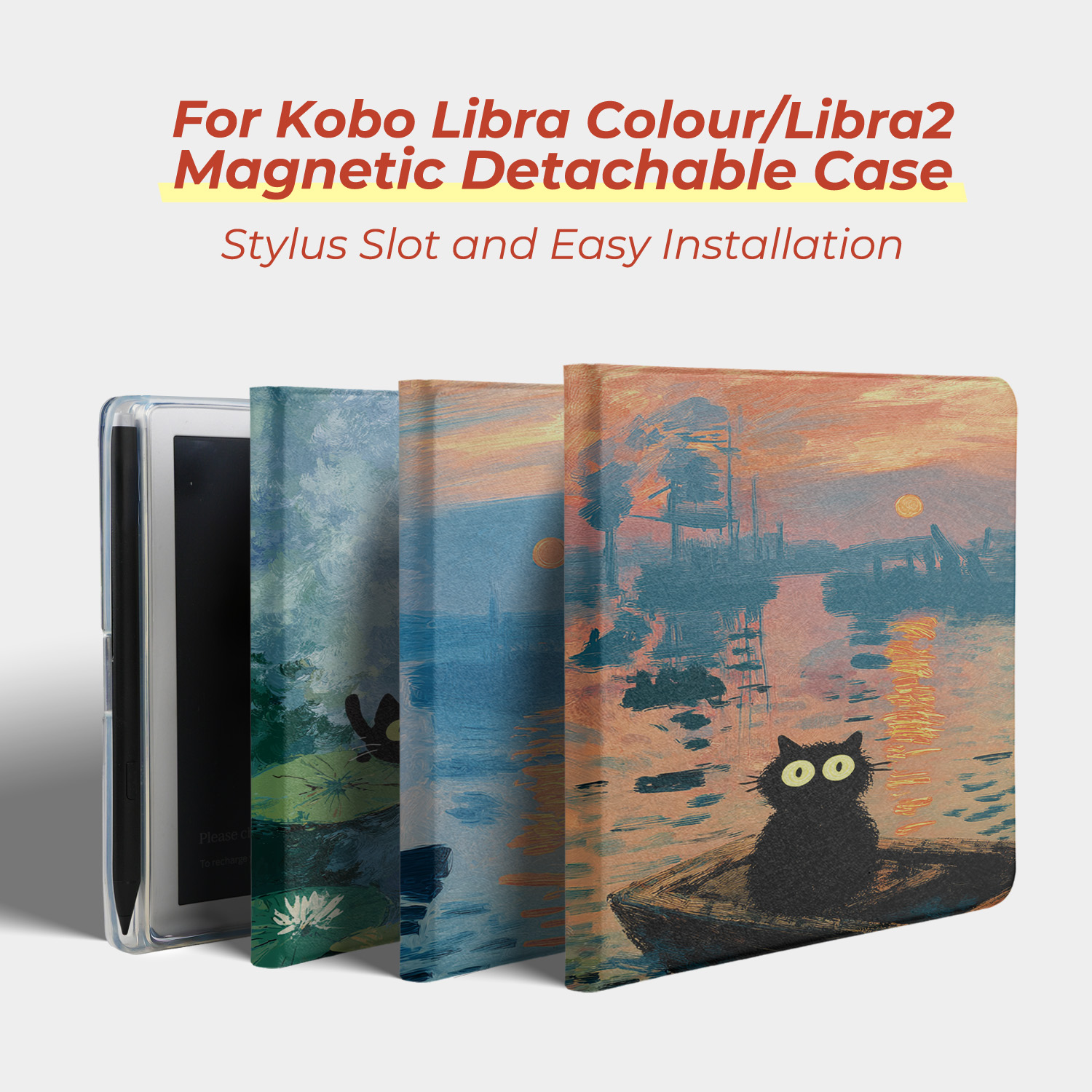 เคสแม่เหล็กแบบถอดได้สำหรับ Kobo Libra และ Kobo Libra2 พร้อมช่องใส่ปากกาสไตลัส ฝาหลังใส ฟังก์ชั่นปลุกอัตโนมัติ ลายแมวโมเนต์