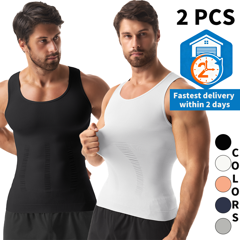 2PCS Men Sleeveless Shapewear Slimming Wide Strap Body Shaper Vest Breathable Soft Shirt Abs Abdomen Gym Workout Back Support Corset Tummy Control Fitness Compression Tank Top Invisable Waist Trainer