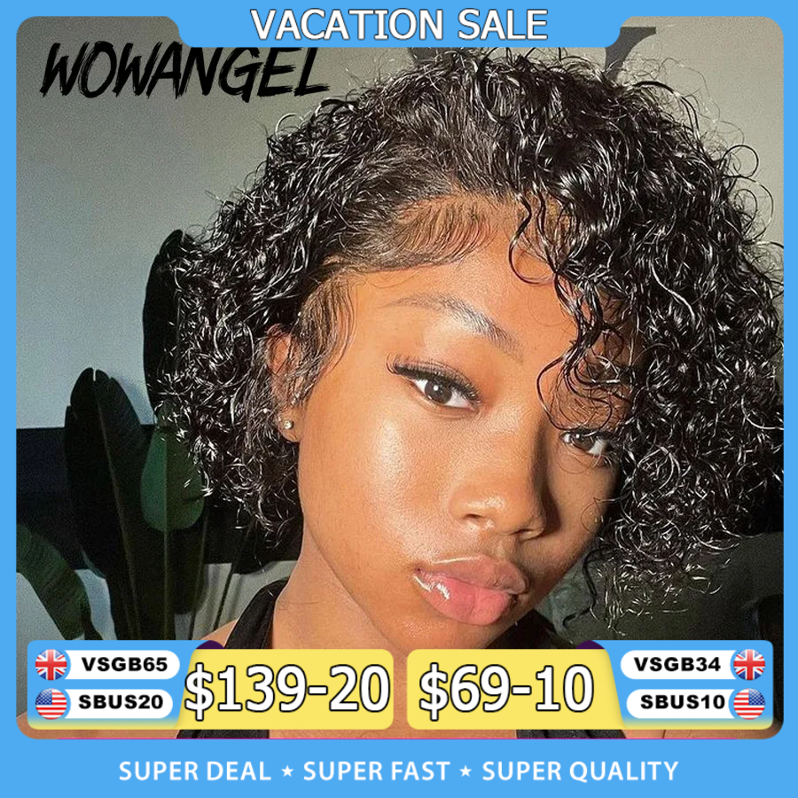 Wow anjo curto encaracolado pixie corte perucas 13x4 hd perucas dianteiras do laço 250% jerry encaracolado perucas de cabelo humano derreter skins hd peruca de renda transparente