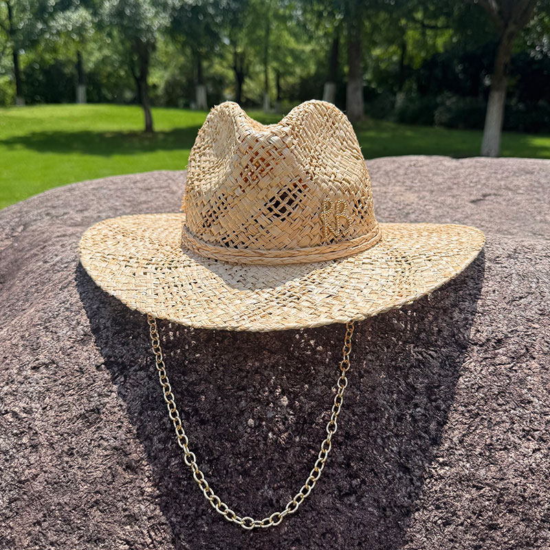 Original Designer-Stil Hüte Metall Buchstaben RB Kette Bast Panama handgemachte Strohhut für Frauen Sommer Strand breite Krempe Sonnenhut