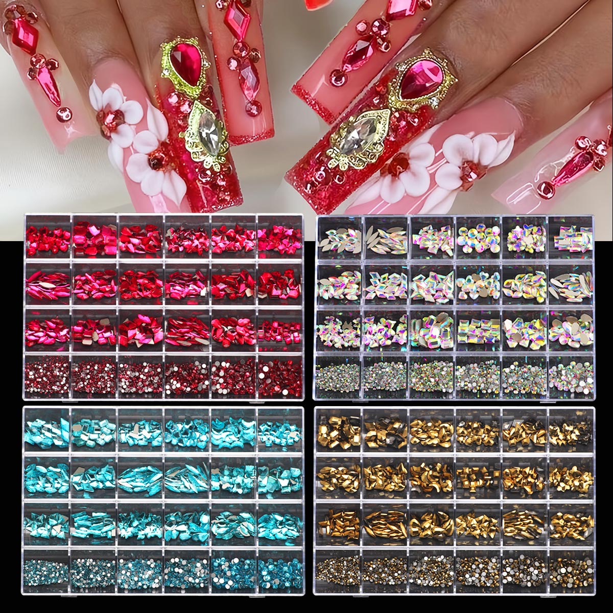 1 Box mit Multi-Form 3D Nagel-Diamant-Sets - 24 AB Kristall-Edelstein-Gitter, Flachboden-Nagelkunst-Zubehör, Multi-Style Nagelzubehör