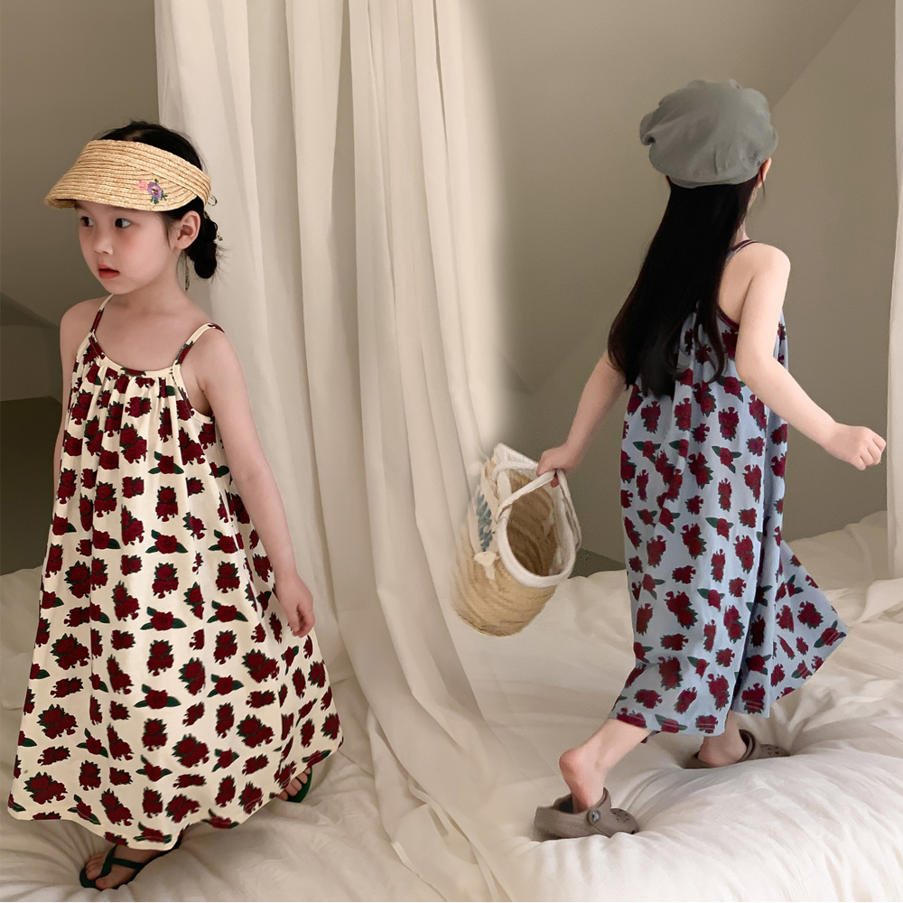Ärmelloses Strandkleid 2026 Sommer Mädchen Koreanische Version Trägerkleid mit Rosenmuster Lockeres Kleid für 2-9 Jahre alte Mädchen