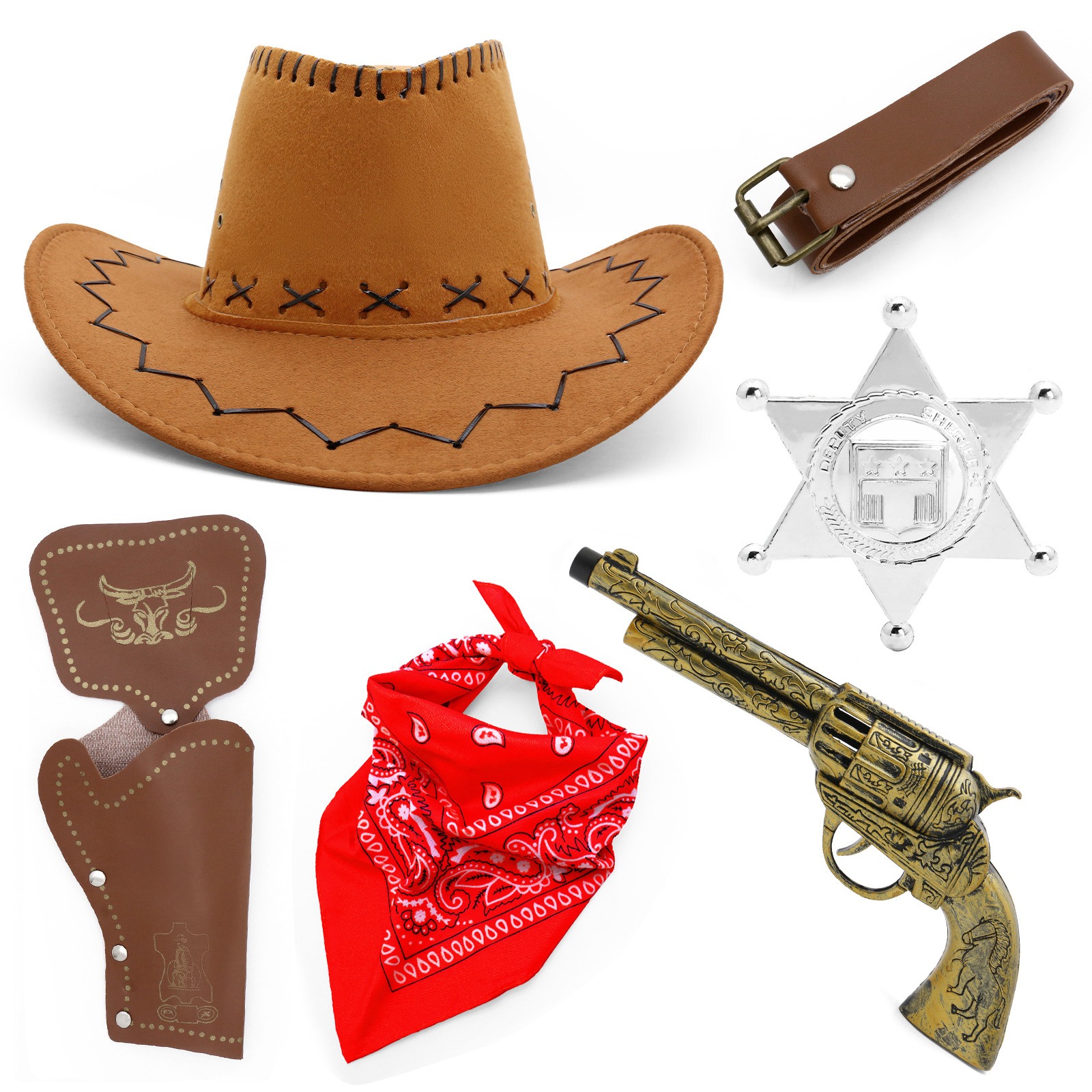 Zestaw do cosplayu w stylu średniowiecznym: kabura kowbojska, kapelusz, pistolet zabawkowy, pas kowbojski, akcesoria odzieżowe.