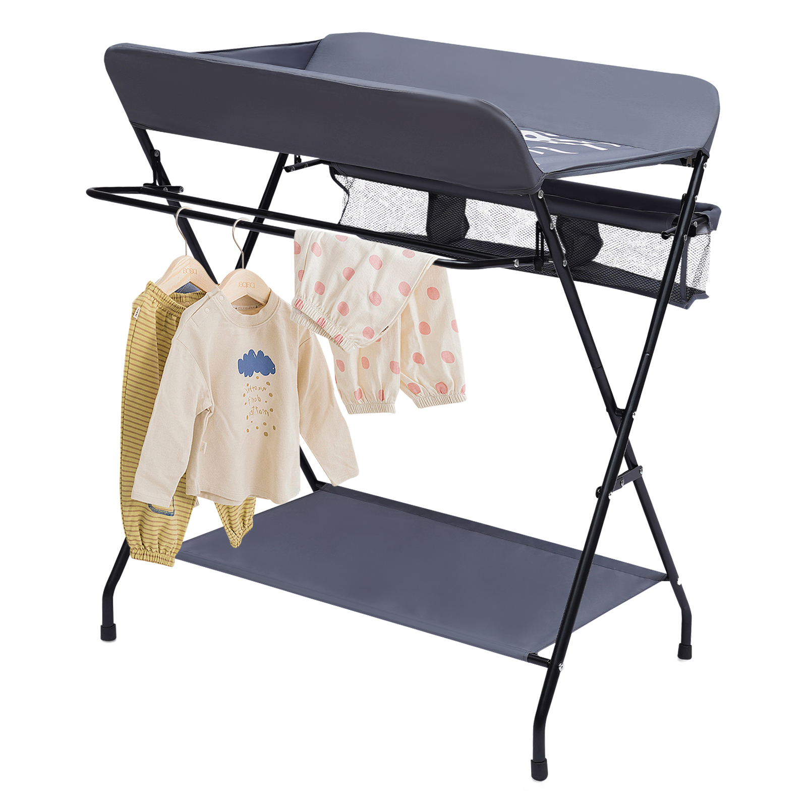 Mesa para troca de fraldas de bebê, organizador dobrável para troca de fraldas de bebê com cesta de armazenamento e placa de armazenamento inferior
