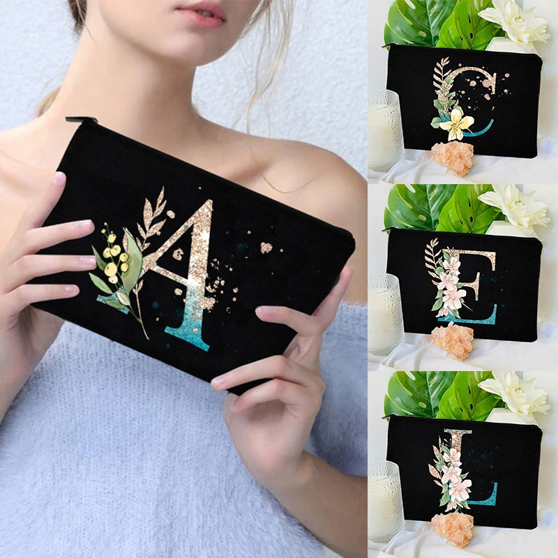 Bolsas con cremallera para maquillaje con inicial degradado, bolsa de viaje a la moda para lápiz labial, bolso de mano para despedida de soltera y dama de honor, bolso de mano cosmético
