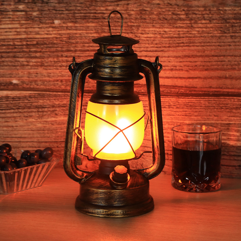 Retro przenośna latarnia elektryczna zewnętrzna lampa naftowa z pilotem akumulator/zasilana prądem zmiennym brązowa lampa stołowa LED
