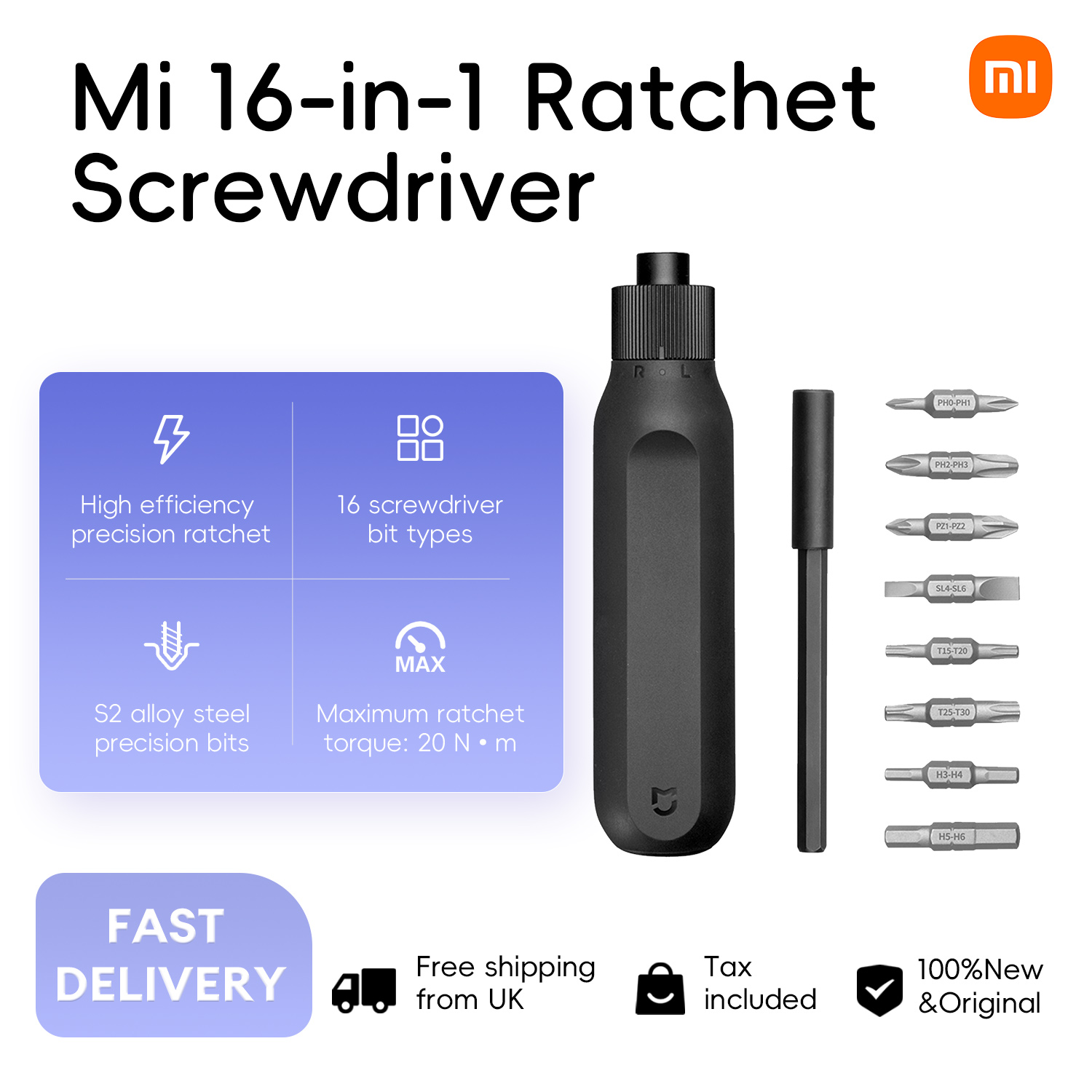 Tournevis à cliquet Mi 16-en-1, embouts de précision en acier allié S2 avec magazine amovible, couple de cliquet maximal : 20 N⋅m