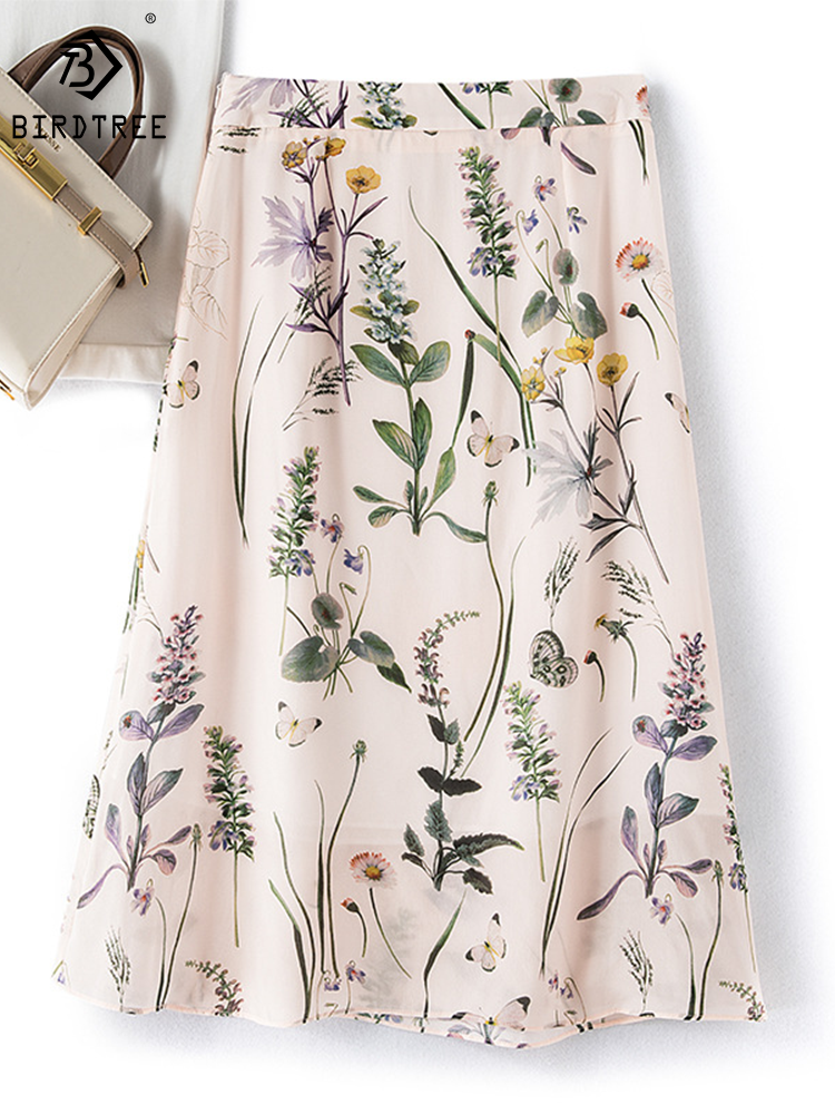 Birdtree Summer Elegant 100% Real Silk Skirt High Waist A-line Vintage Ink Print Invisible Zipper Long Skirts Women B36553QM