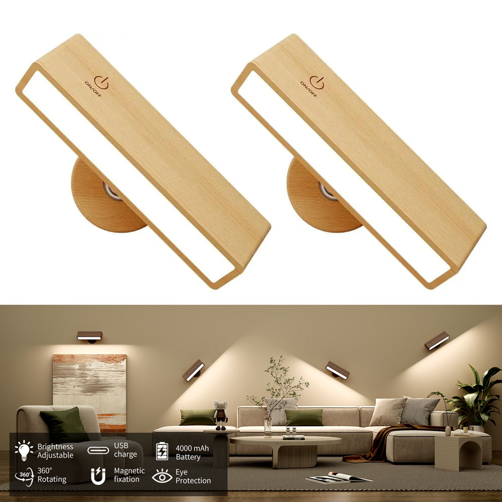 Nordische Holz-Wandleuchte mit 360-Grad-Drehung, dimmbare Wandleuchte, berührbar, magnetisch, für Schlafzimmer, kabellose Wandhalterung, Licht zum Lesen