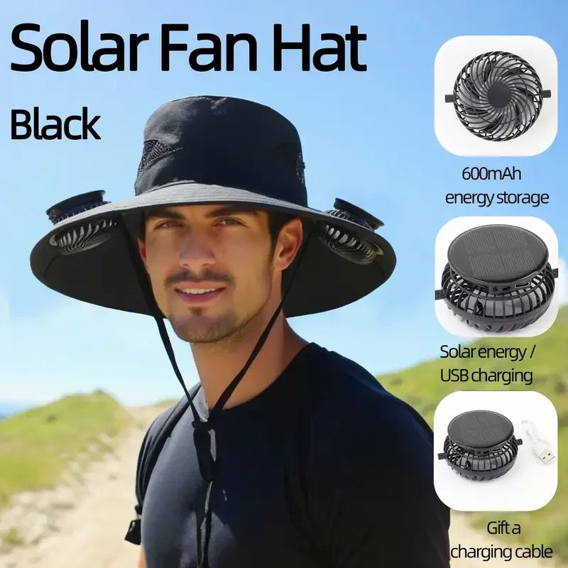 Chapeau de soleil d'été d'extérieur avec 2 ventilateurs, large bord, sangle coupe-vent, chargement solaire ou USB, anti-UV, casquette de pêche