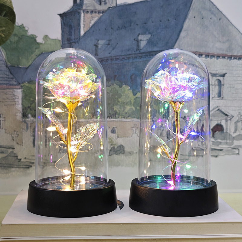 花嫁介添人用のガラスカバー付きLEDライトフォイルフラワー,永遠のバラ,ガールフレンドへのバレンタインデーギフト,母の日,結婚式の記念品