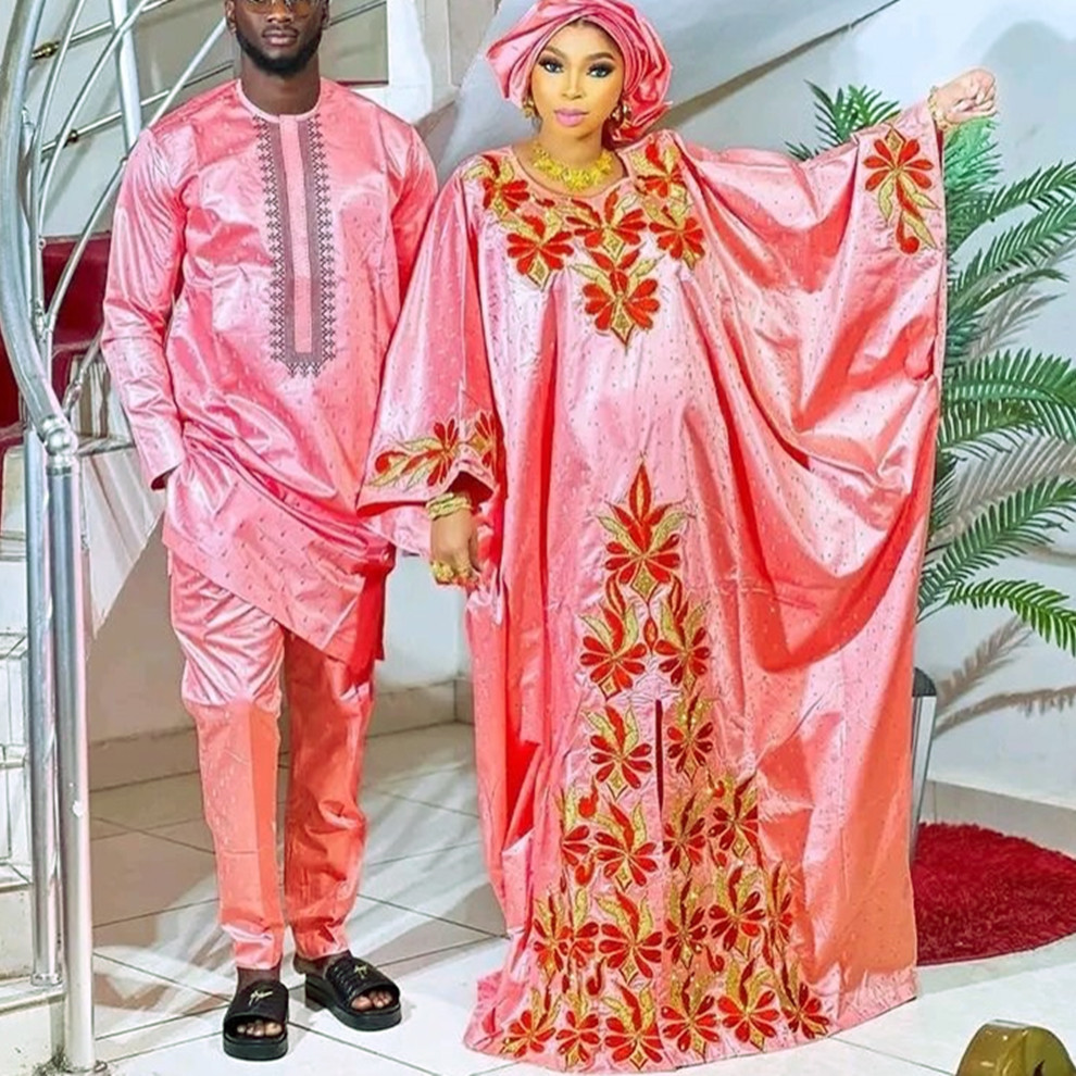 Elegant African Dresses for Women Traditional Bazin Embroidery Wedding Party Dresses Dashiki African Couples Matching Clothes
