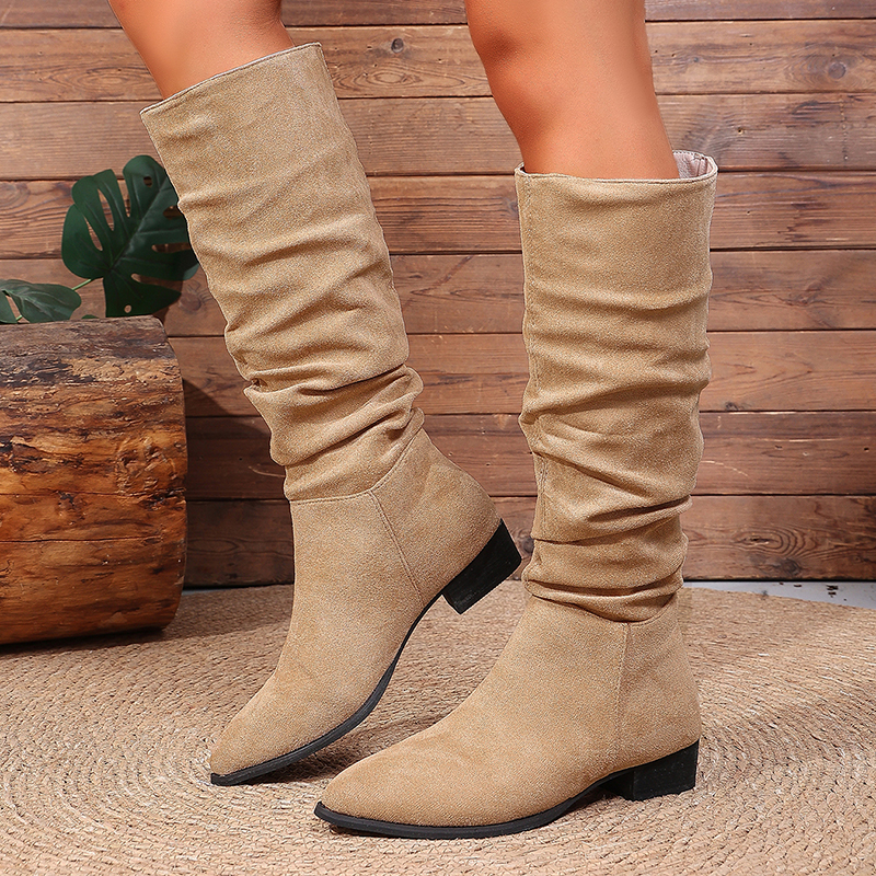 Beige Faux Suede Slouchy Mid Calf Boots Women 2026 Autumn Pointed Toe Low Heel Long Boots Woman Comfortable Slouch Botas Mujer