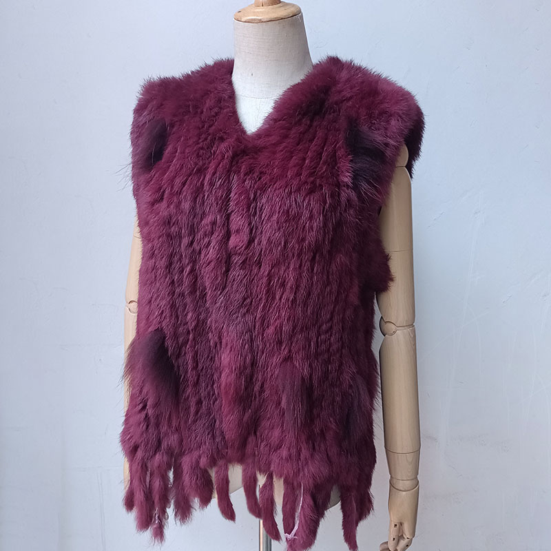 Colete de pele real de malha com borla para mulheres, decote em v, colete fofo, colete de coelho natural, Borgonha, genuíno, venda quente, novo, 2024