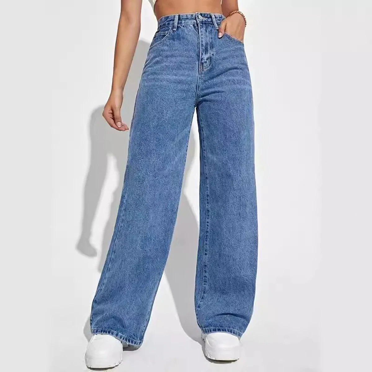 Modne niebieskie dżinsy w stylu retro damskie y2k High Street luźne proste spodnie Wszystko w jednym, wąskie spodnie z wysokim stanem