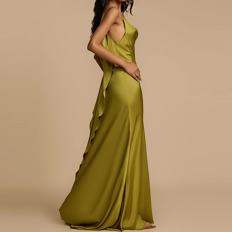 Vestido largo ajustado liso con abertura lateral para mujer, vestido de satén drapeado a la moda con cintura alta, vestido elegante con tirantes irregulares y hombros descubiertos