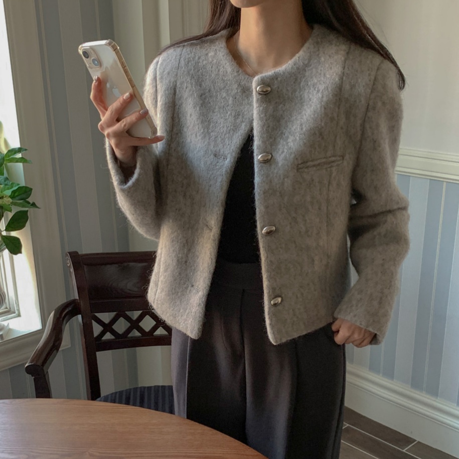 エレガントなツイードスタイルシングルブレストプチウールクロップドジャケット女性のための従来の厚さ長袖ラウンドカラー