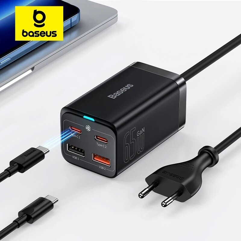 Baseus-cargador rápido 4 en 1 para ordenador portátil, adaptador GaN de 65W para iPhone 15, 14, 13 Pro Max, Xiaomi y Samsung