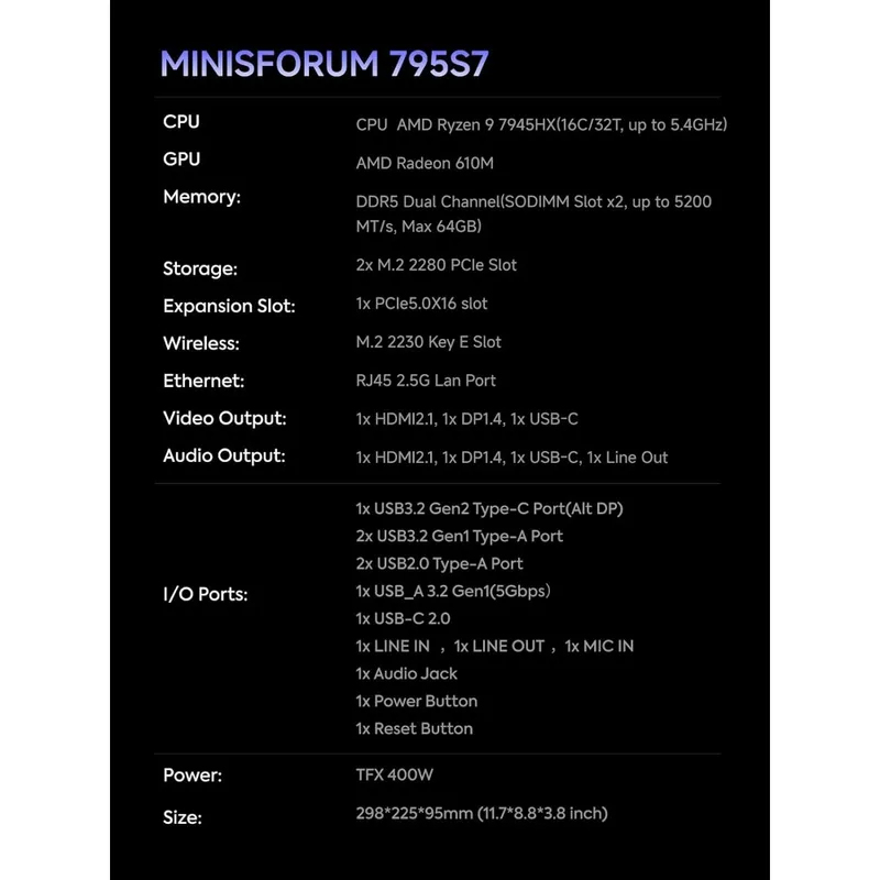 Mini Tower Gaming PC Ryzen9 7945HX (16C/32T) Computer Without RAM/SSD/OS, 2x DDR5 Slots