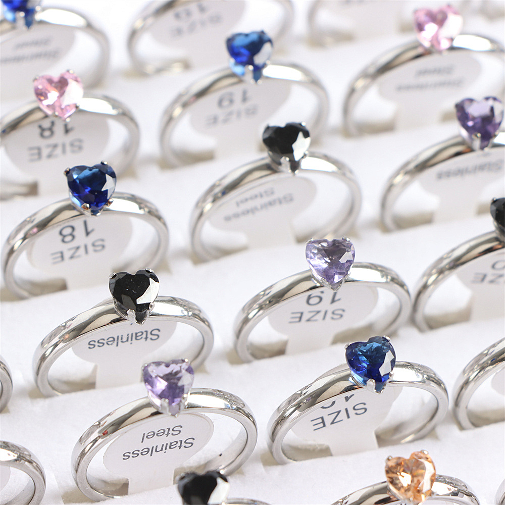 20 stks/partij Mode Kleurrijke Hart Kristal Rvs Ringen Sieraden Voor Vrouwen Goud Verzilverd Bruiloft Gift Groothandel