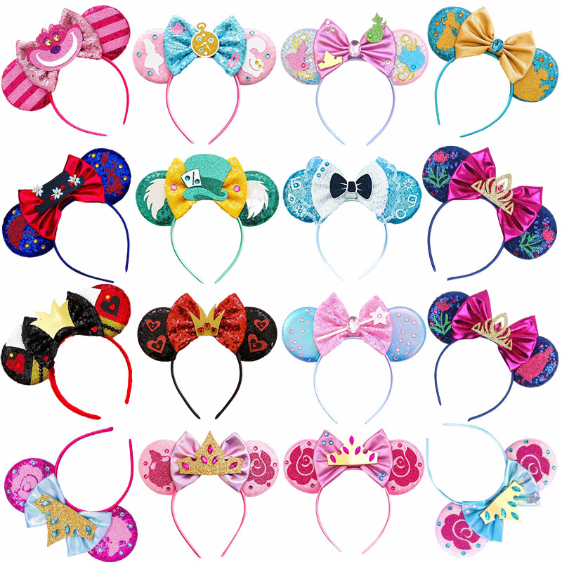 Bando telinga Mickey Mouse Disney Alice in Wonderland, bando kucing Cheshire, ikat kepala payet, untuk anak perempuan dan anak-anak