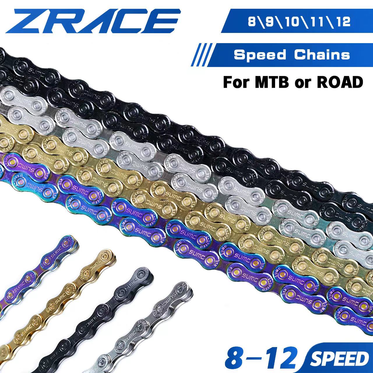 Chaîne de vélo ZRACE 8 9 10 11 12 vitesses VTT, couleur néon, argent, noir, or, 114/120/126L
