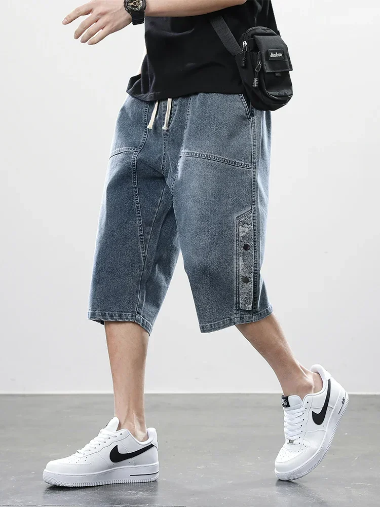 8XL Zomer heren Jeans Denim Rijbroek Kuitlengte Casual Shorts Gewassen Katoen Trekkoord Rechte Capri Broek Big Size