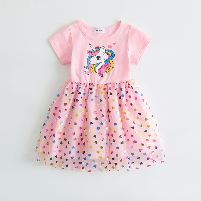 Novo Vestido Infantil de Verão 2026 para Meninas, Vestido de Princesa de Manga Curta para Crianças, Roupa de Festa de Aniversário de Bebê, Roupa de Unicórnio