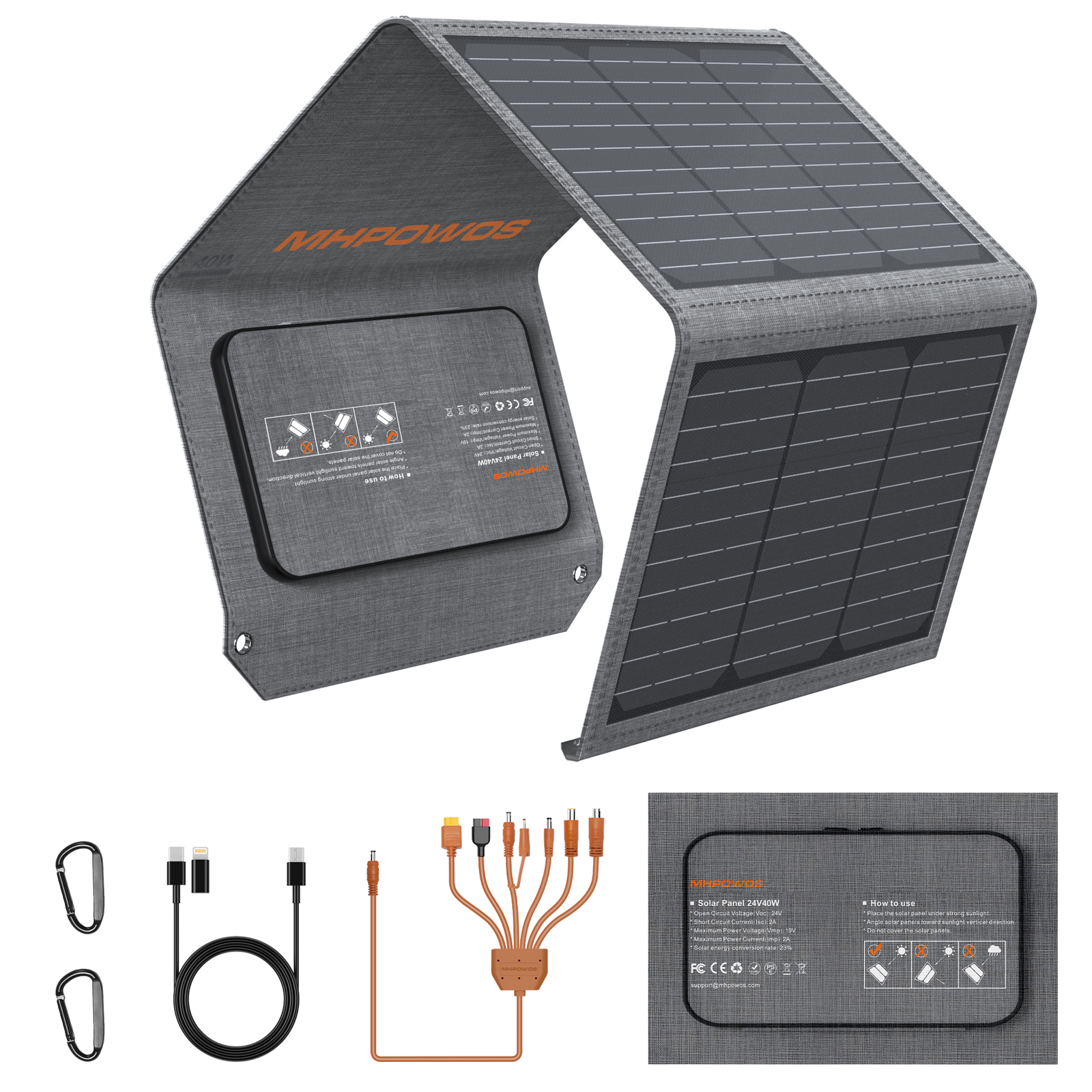 MHPOWOS 40W Przenośna Ładowarka Solarna z Potrójnym Wyjściem (USB-C/USB-A/DC), 23% Wysoka Wydajność do Kempingu, Telefonu, Power Banku